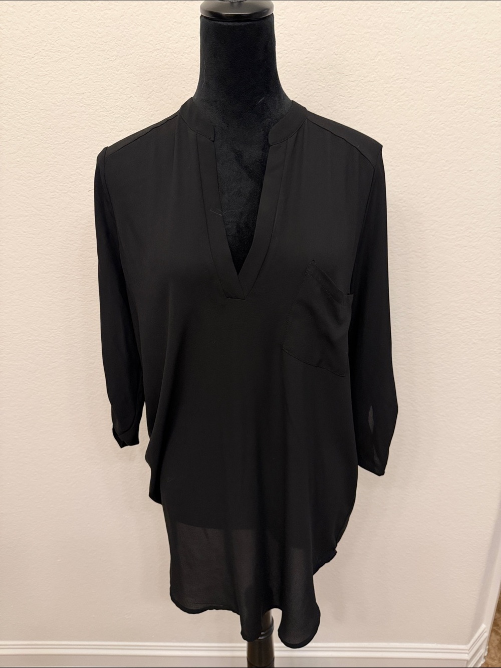 Lush Black V-Neck Split Collar Tunic with Pocket